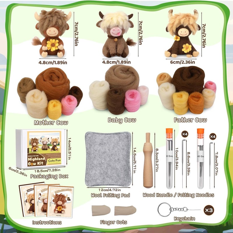 Yizzvb Needle Felting Kit, Highland Cow Family Needle Felt Beginner Kits with Instruction, Wool, Felting Needles, Felting Pad, Wool Felting Kits for Beginners Home Decoration - Image 2
